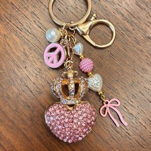New Mega bling Pink Heart Crown Keychain peace pearl hearts bow bag charm